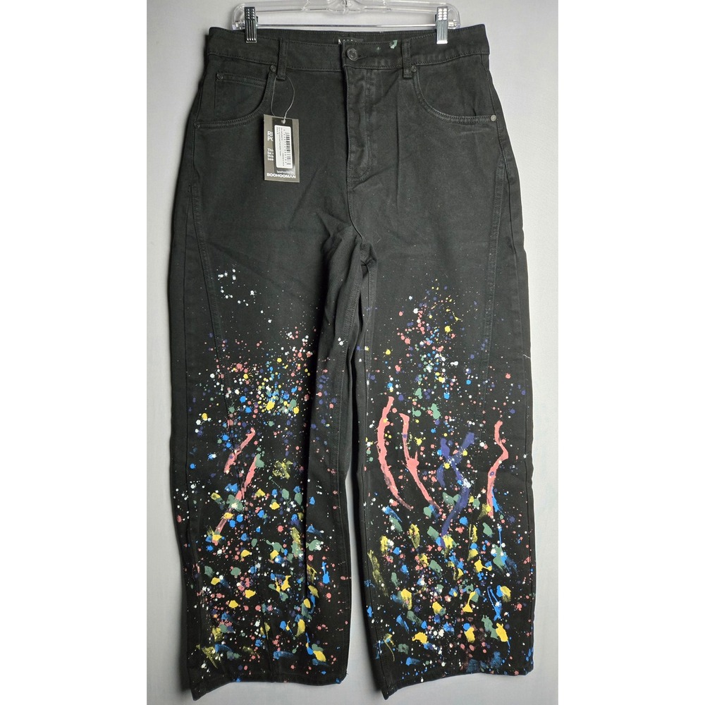 BoohooMAN Mens Paint Splatter Straight Leg Jeans Black Size M NWT